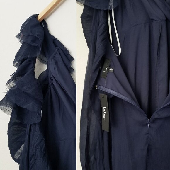 NEW Lulus Navy Blue Ruffled Tie-Back Maxi Dress S Gown Chiffon Fairy Romantic - Picture 11 of 16